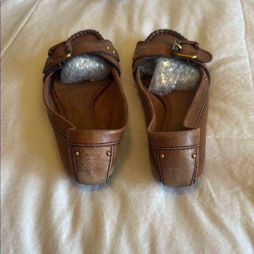 Chloe Brown Leather Flats with Classic Buckle Design - Picture 3 of 8